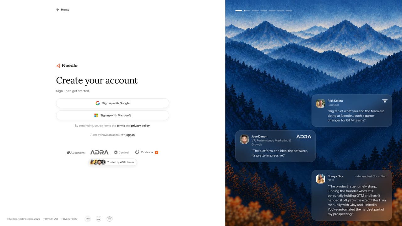 Needle — Create your account and start the trial