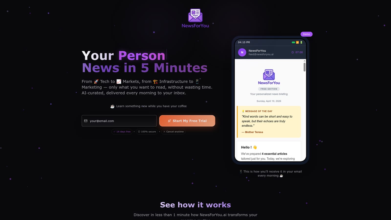 NewsForYou — Start a free trial from the homepage