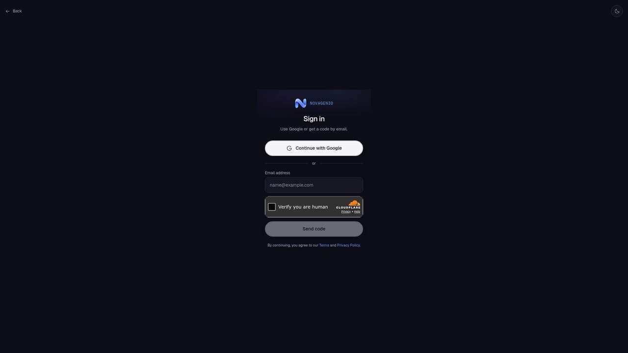NovaGen3D — Create an account and open the workspace