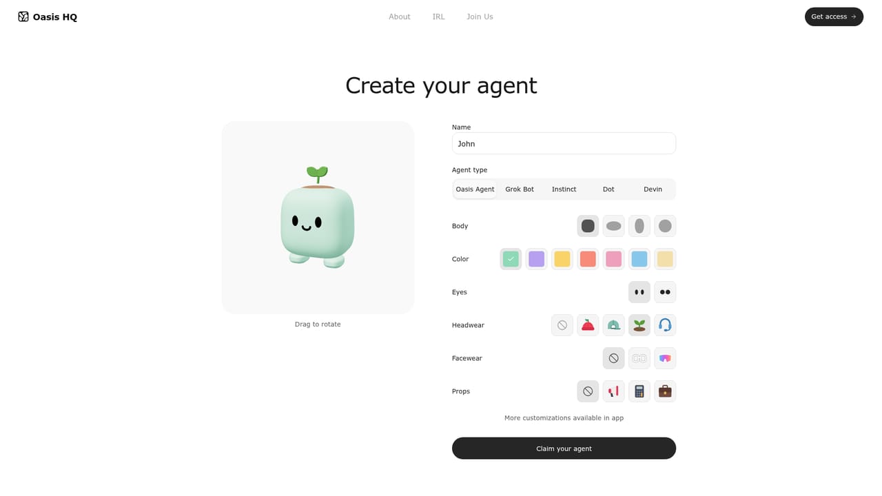 Oasis HQ — Create your first agent