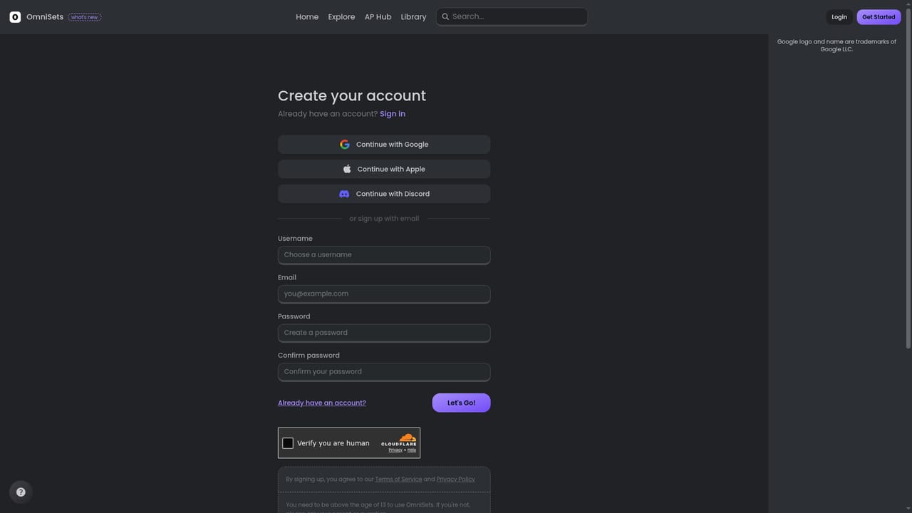 OmniSets — Create an account