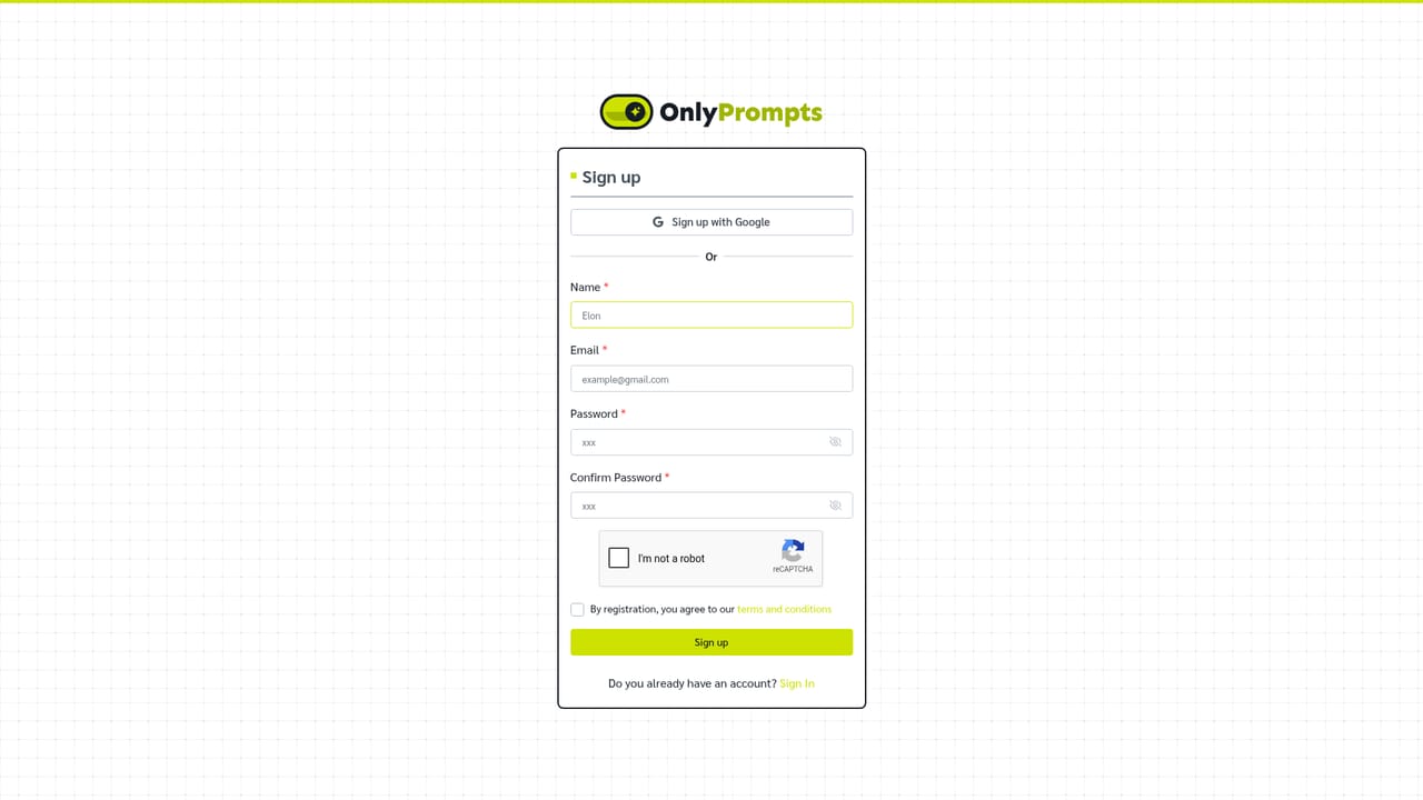 OnlyPrompts — Create your account and start the trial