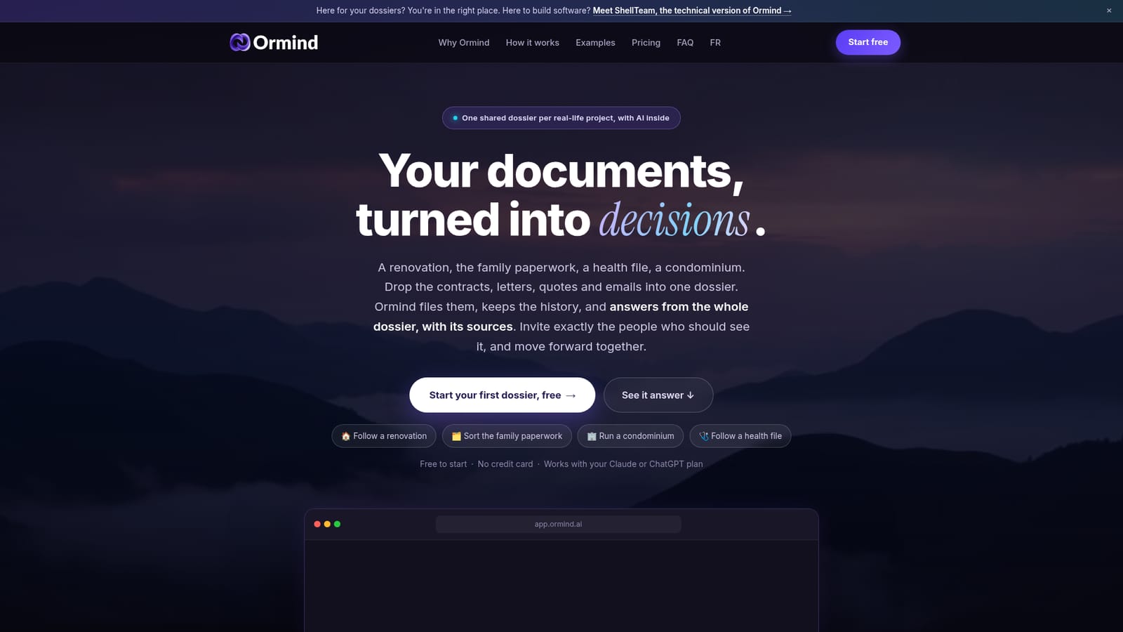 Ormind — Pick a project type and start a dossier