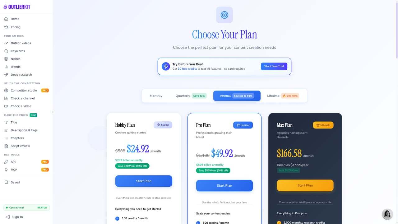 OutlierKit — Compare plans before upgrading