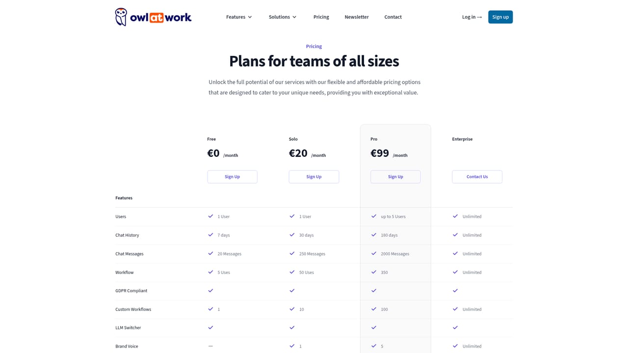 Owl at Work — Compare subscription plans