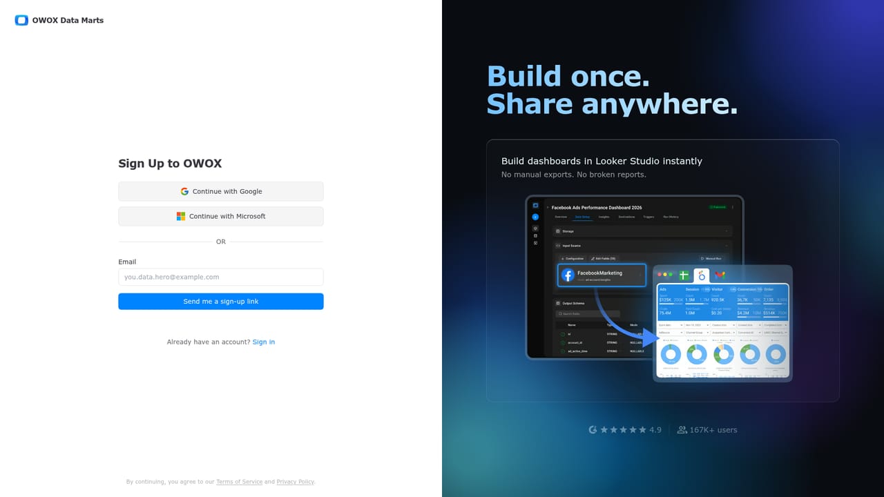 OWOX — Create an account and connect your Data Mart
