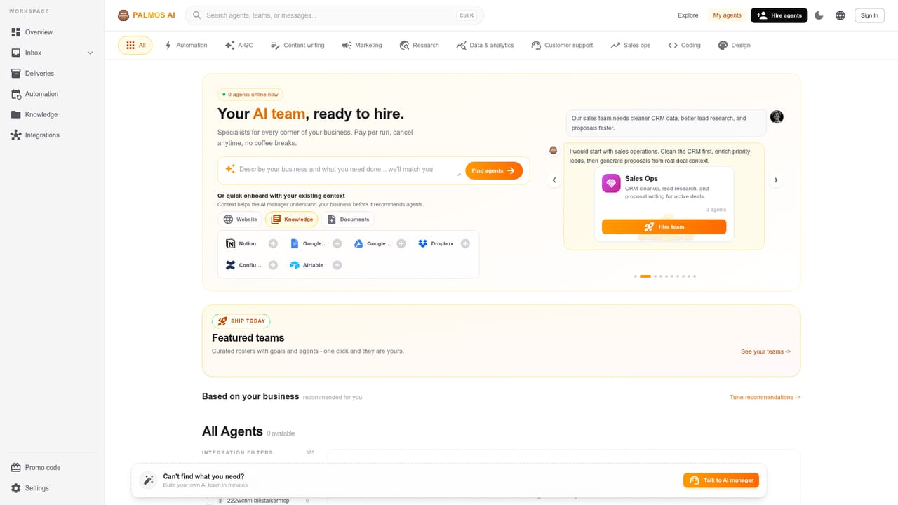Palmos AI — Review and hire the recommended agent team
