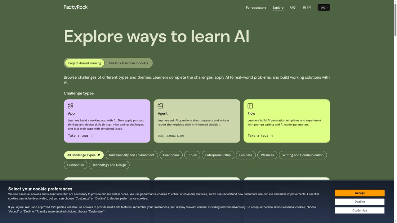PartyRock — Look over the challenge and module catalogue