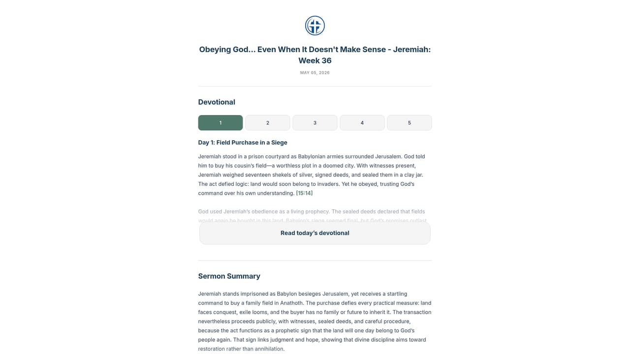 PastorsAI — Review the branded sermon page