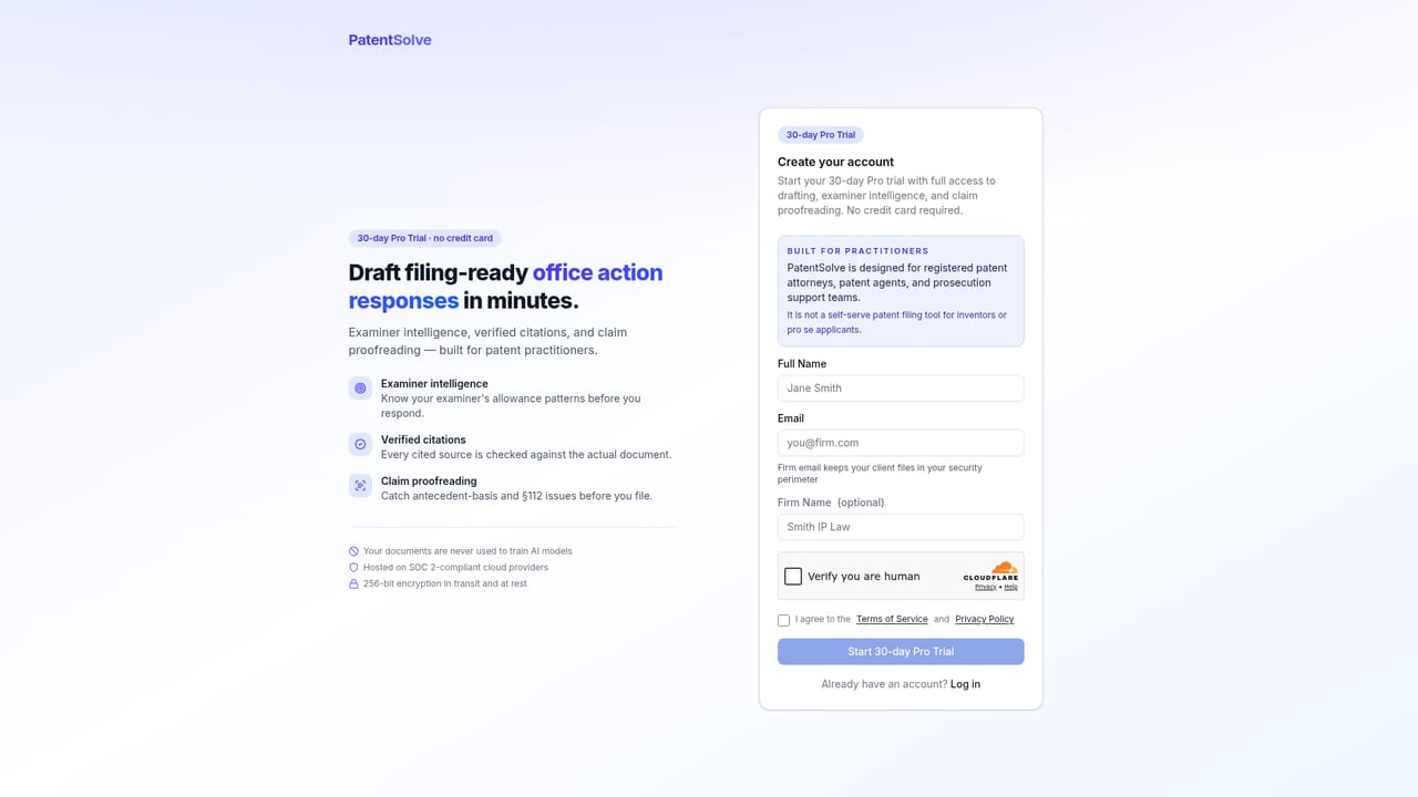 PatentSolve — Start a 30-day Pro trial