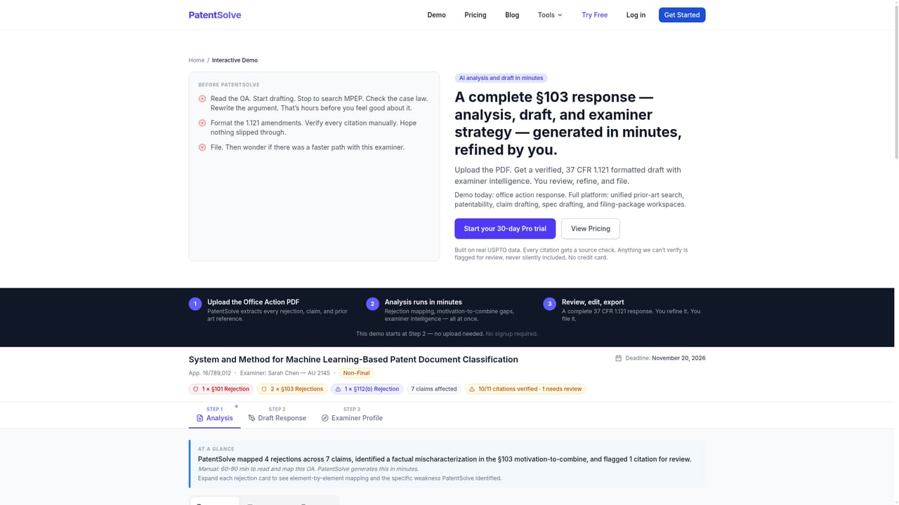 PatentSolve — Upload an office action for analysis