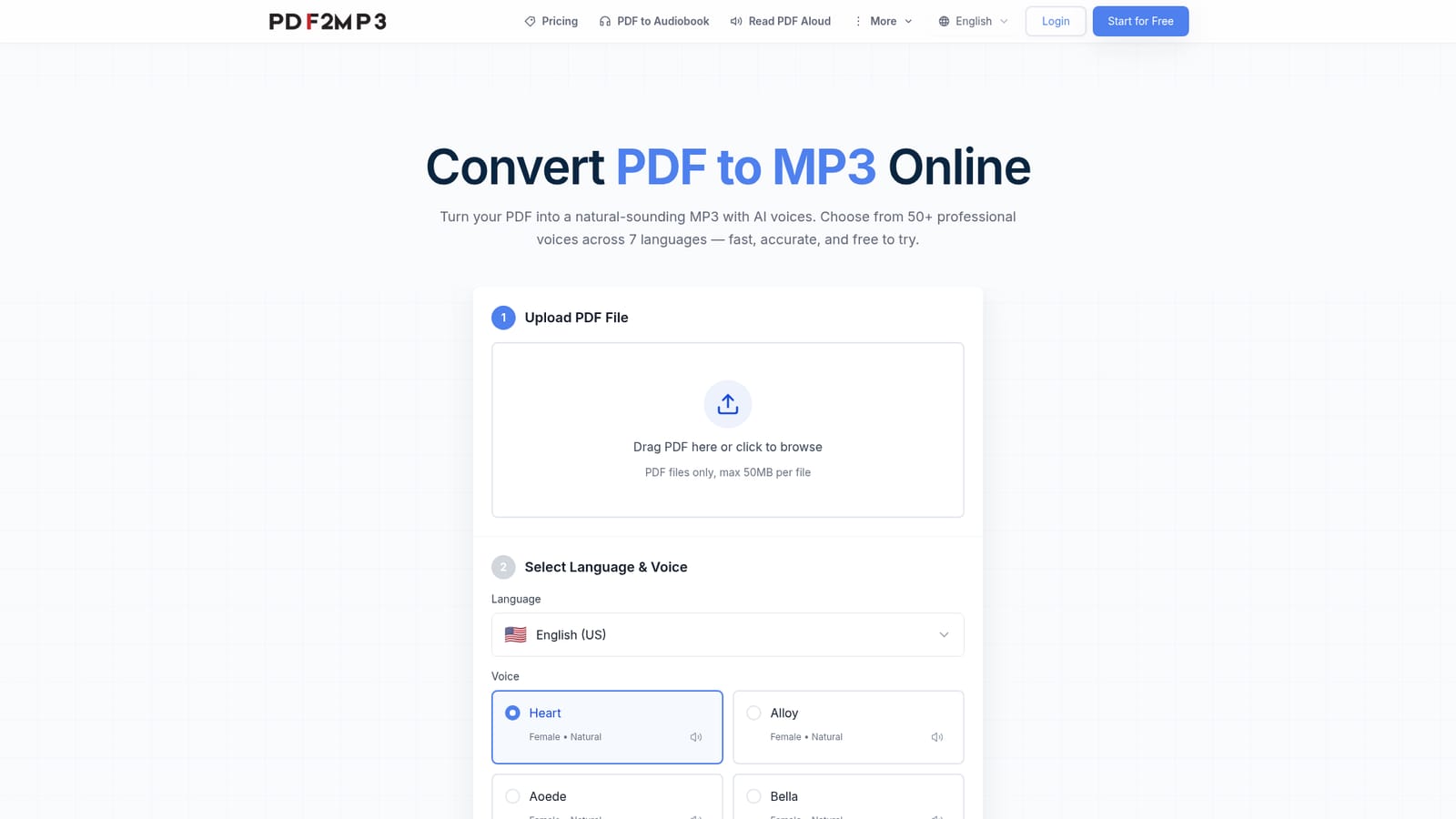 PDF2MP3 — Open the converter and upload a PDF