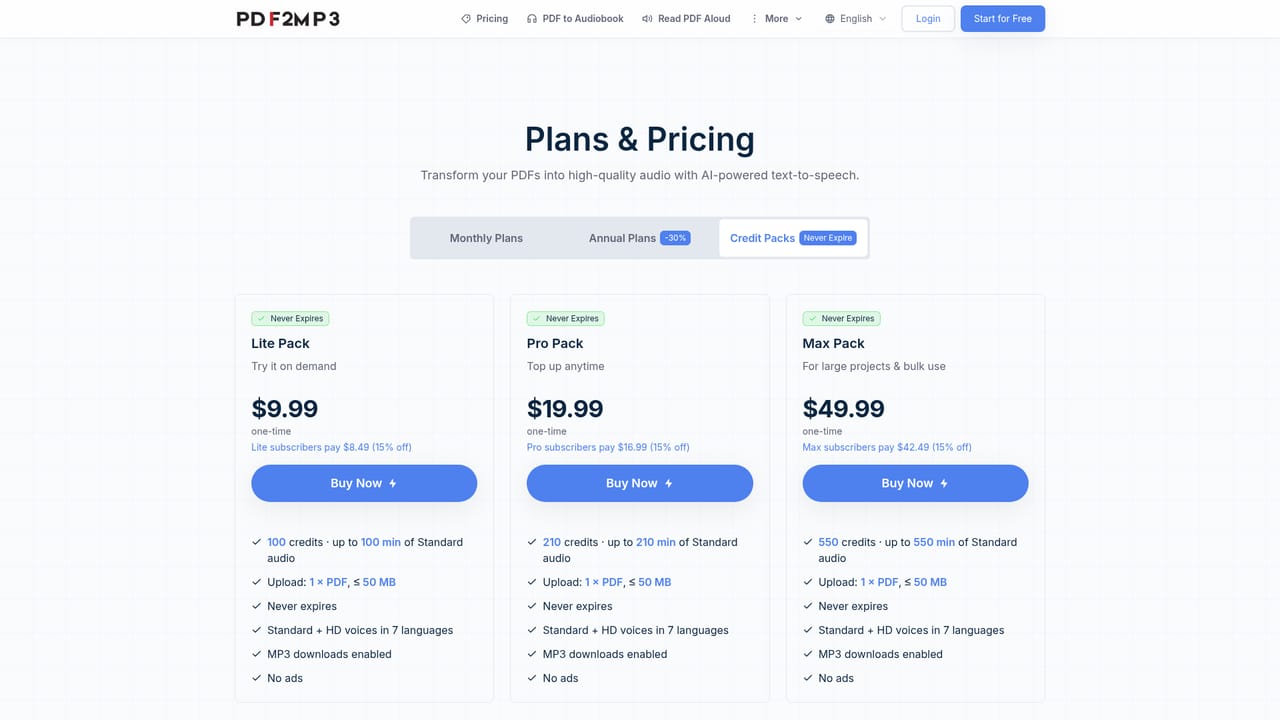PDF2MP3 — Compare plans before scaling up