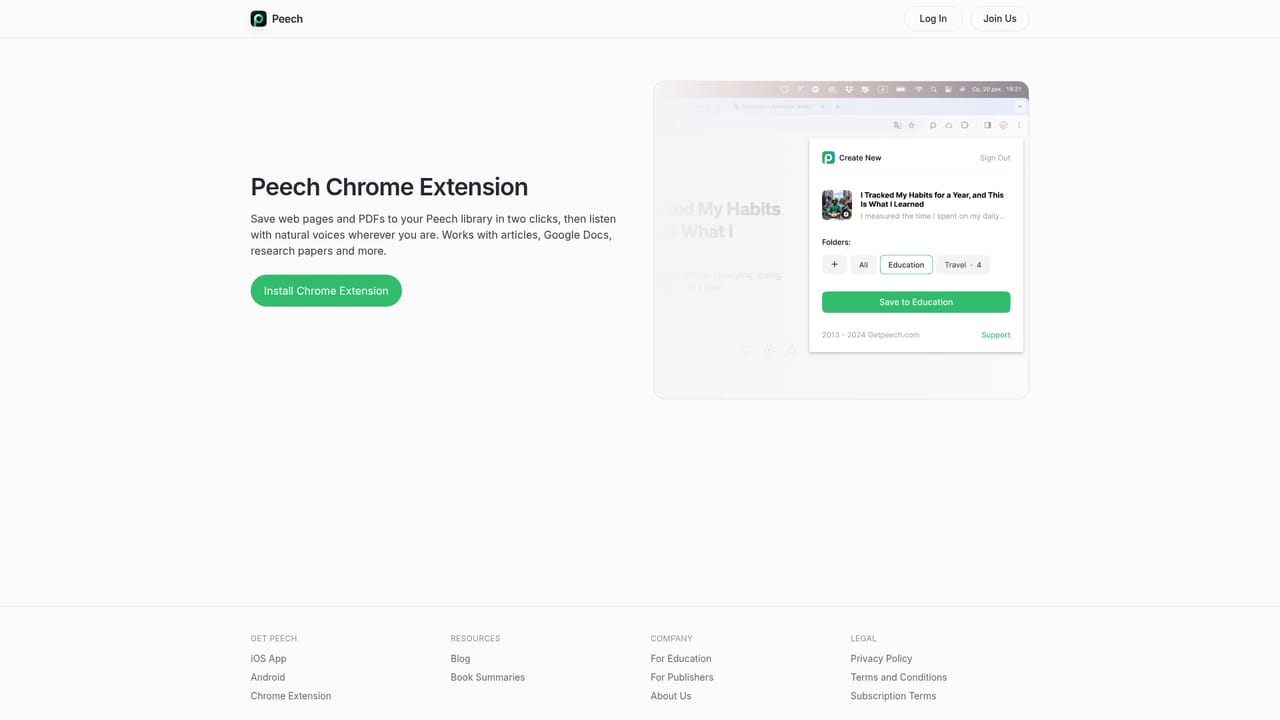 Peech App — Install the Chrome extension for web reading