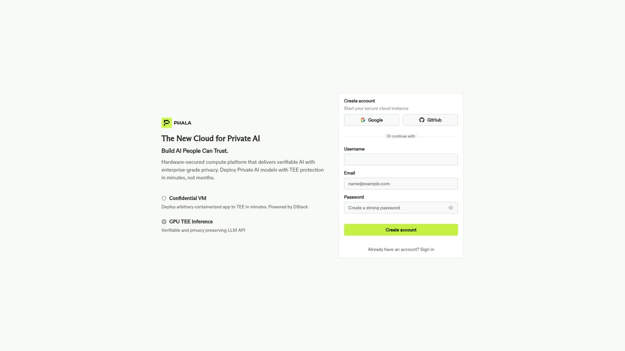 Phala Cloud — Create an account and open the dashboard