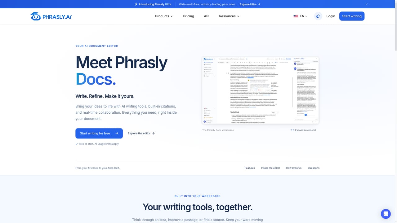 Phrasly — Work end to end in the document editor