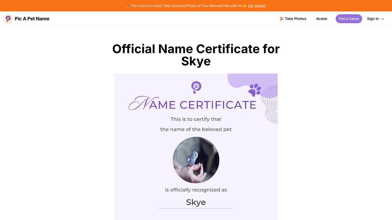 Pic A Pet Name — View and share the certificate