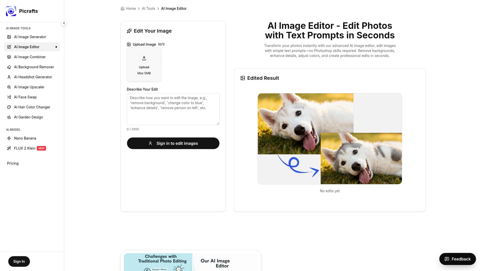 PiCrafts AI Image Editor — Open the editor and sign in