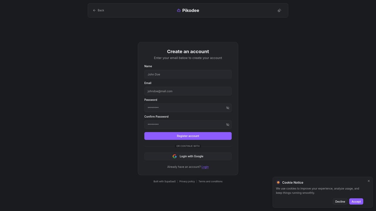 Pikodee — Create a free account