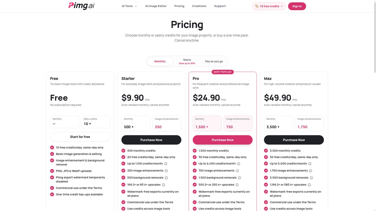 Pimg — Review pricing before buying more credits