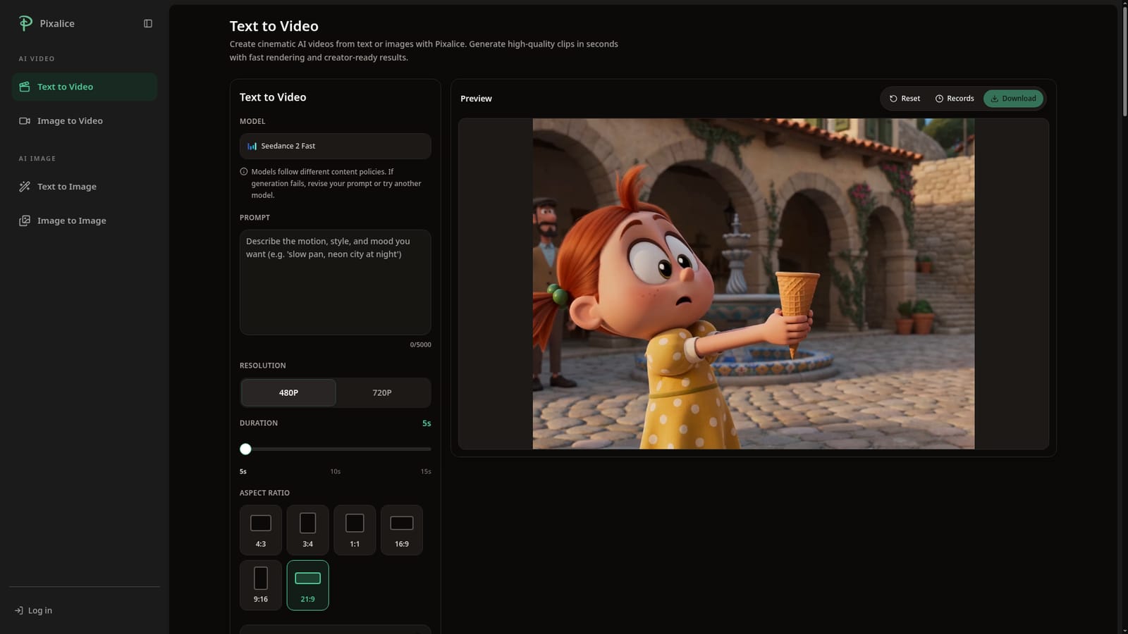 Pixalice — Open the Text to Video tool