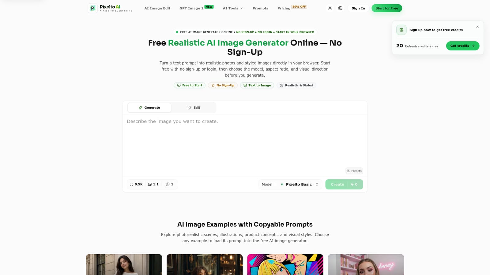 Pixelto AI — Open the generator and write a prompt