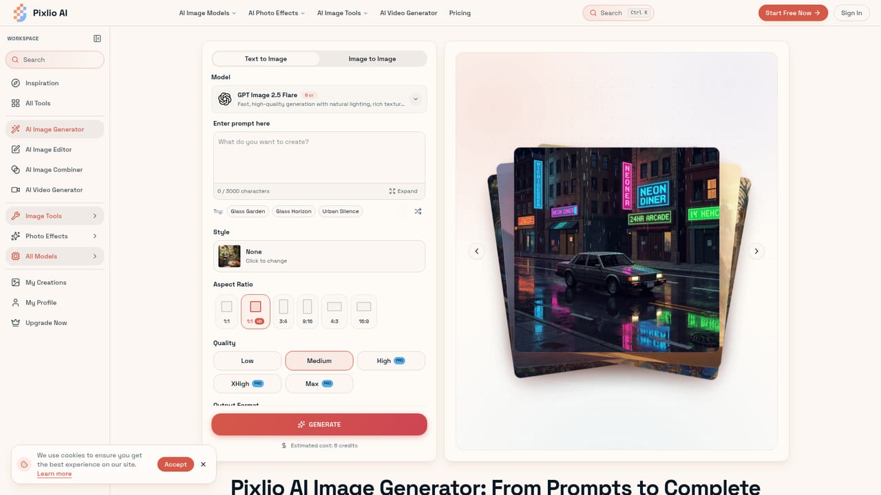 Pixlio AI — Generate an image from a prompt