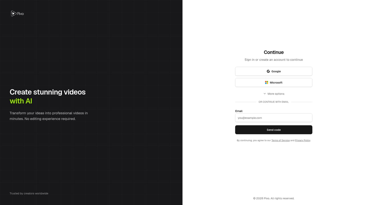 Pixo — Sign in and open a chat workspace