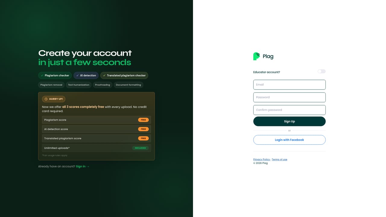 PlagAI — Create a free account