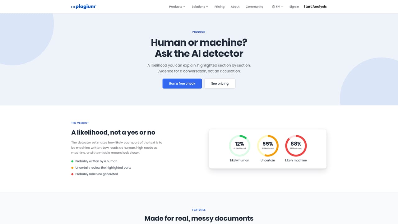 Plagium AI Detector — Read the section level verdict