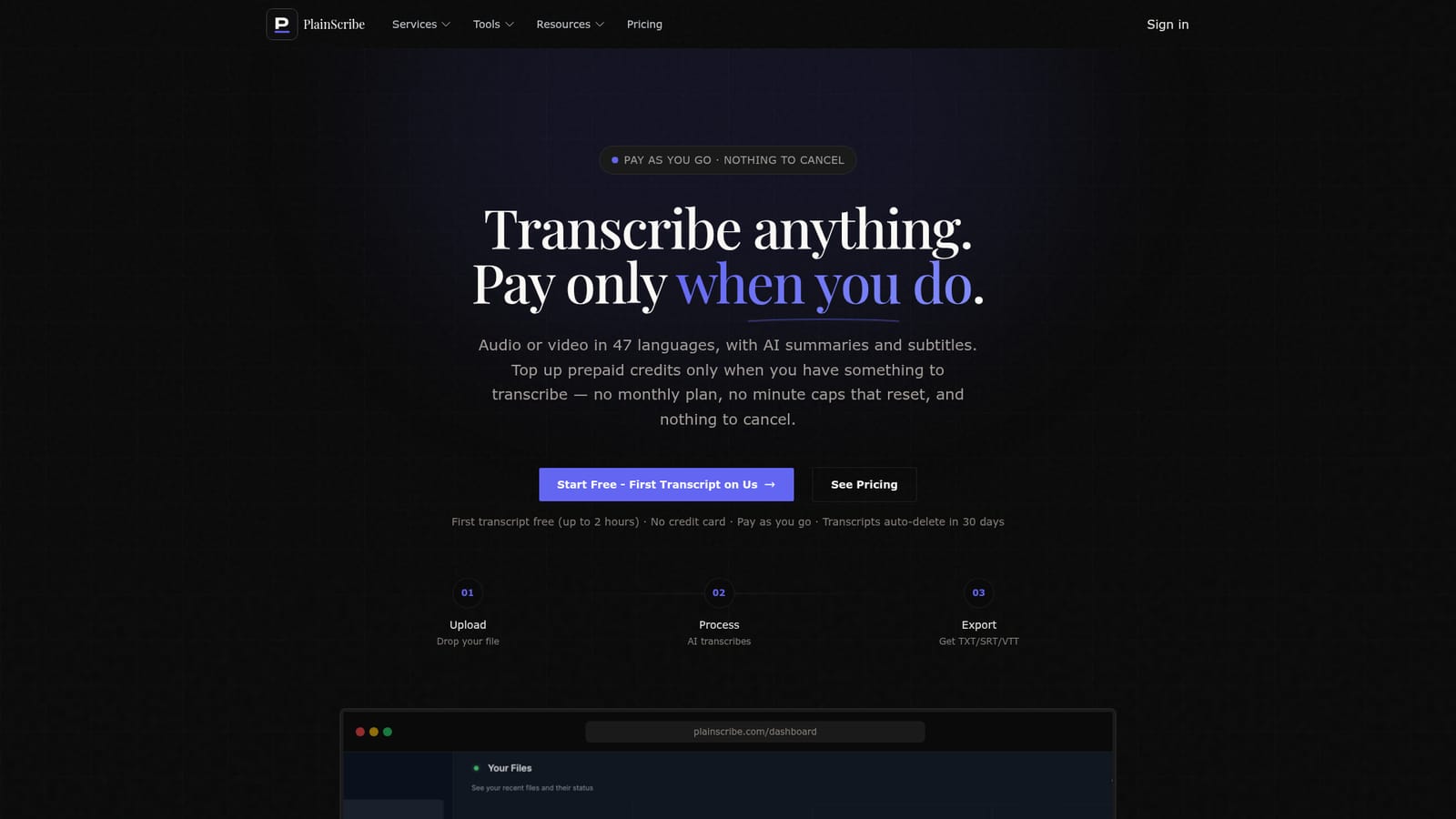 Plainscribe — Create an account and open the dashboard