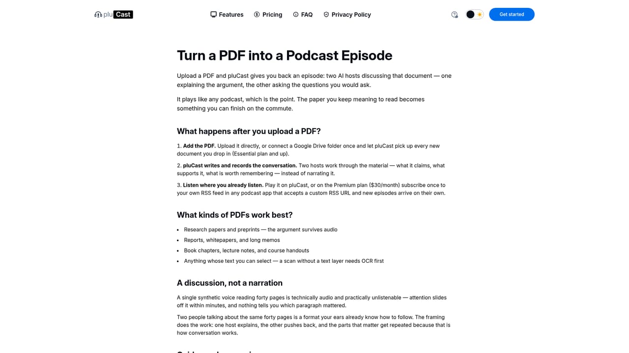 pluCast — Generate your first episode from a PDF or YouTube link
