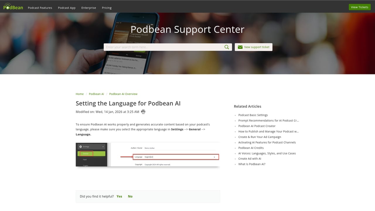 Podbean AI — Set the working language