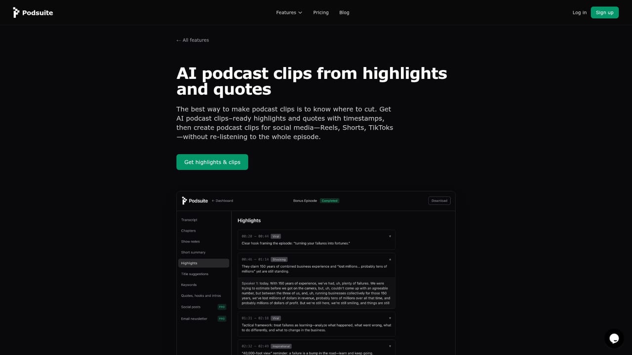 Podsuite — Pull clips and social copy