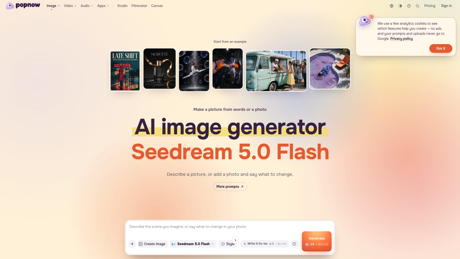 PopNow Image Generator — Describe the image or upload a photo