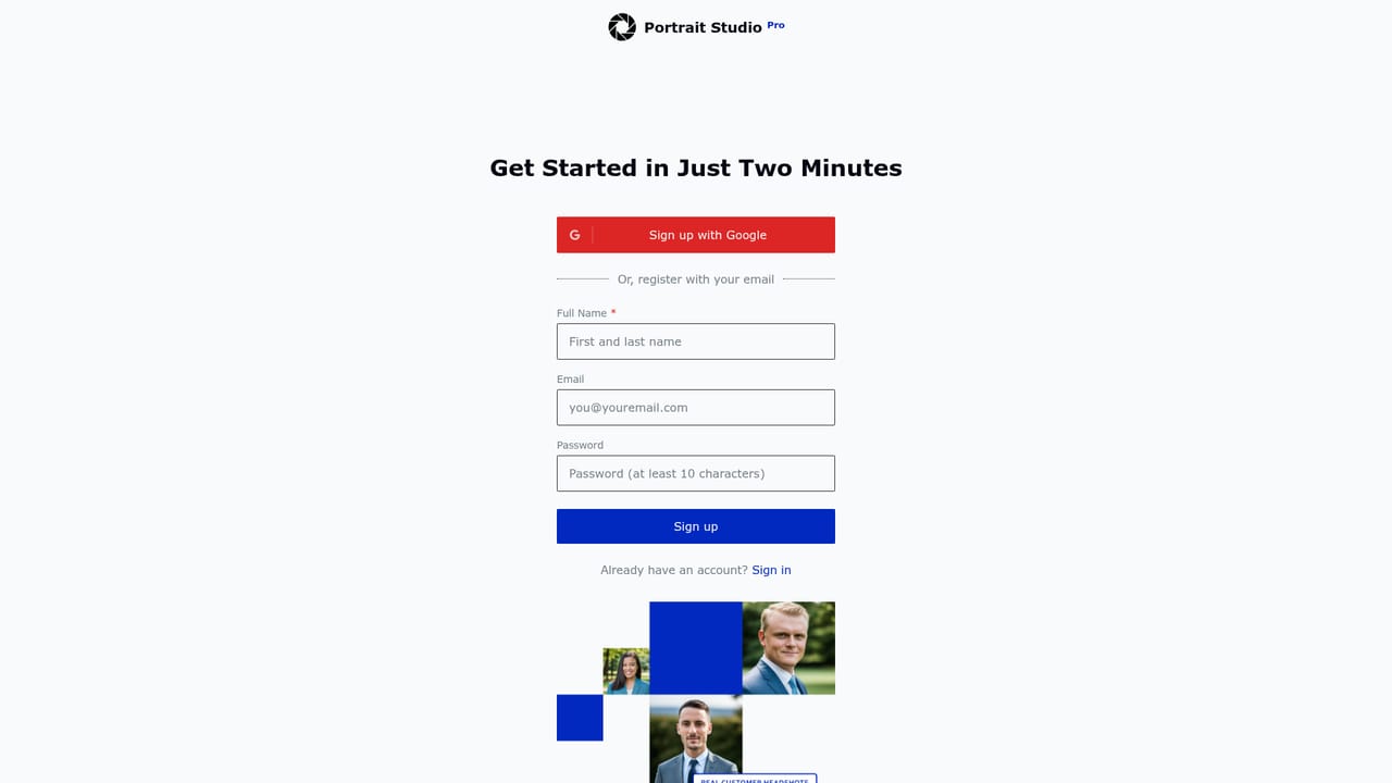 Portrait Studio Pro — Start an order in the web app