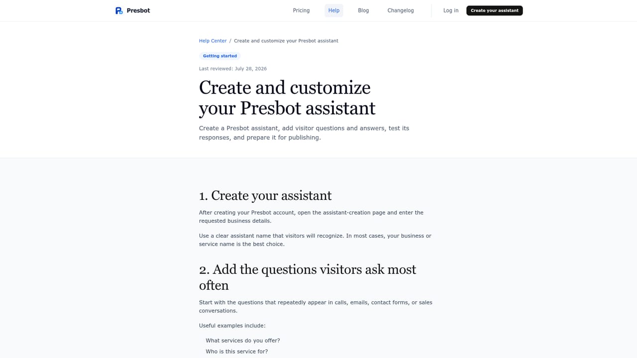 Presbot — Add business details and saved answers