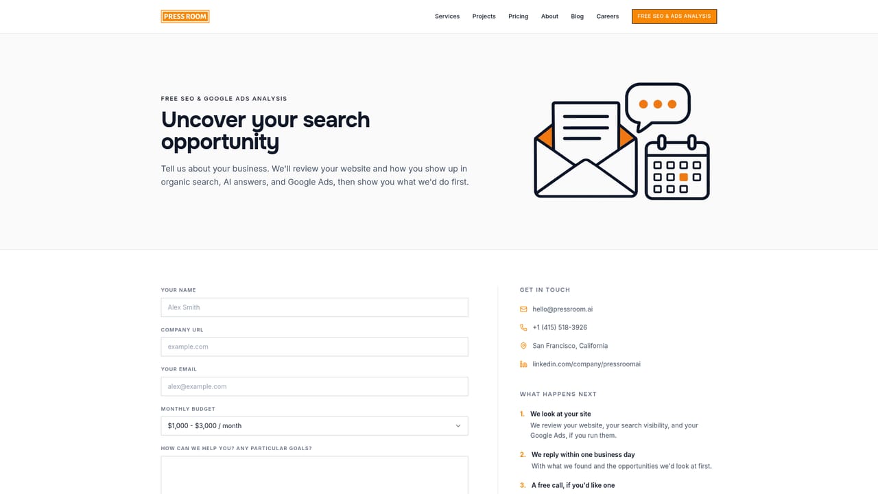PressRoom — Request the free SEO and ads analysis