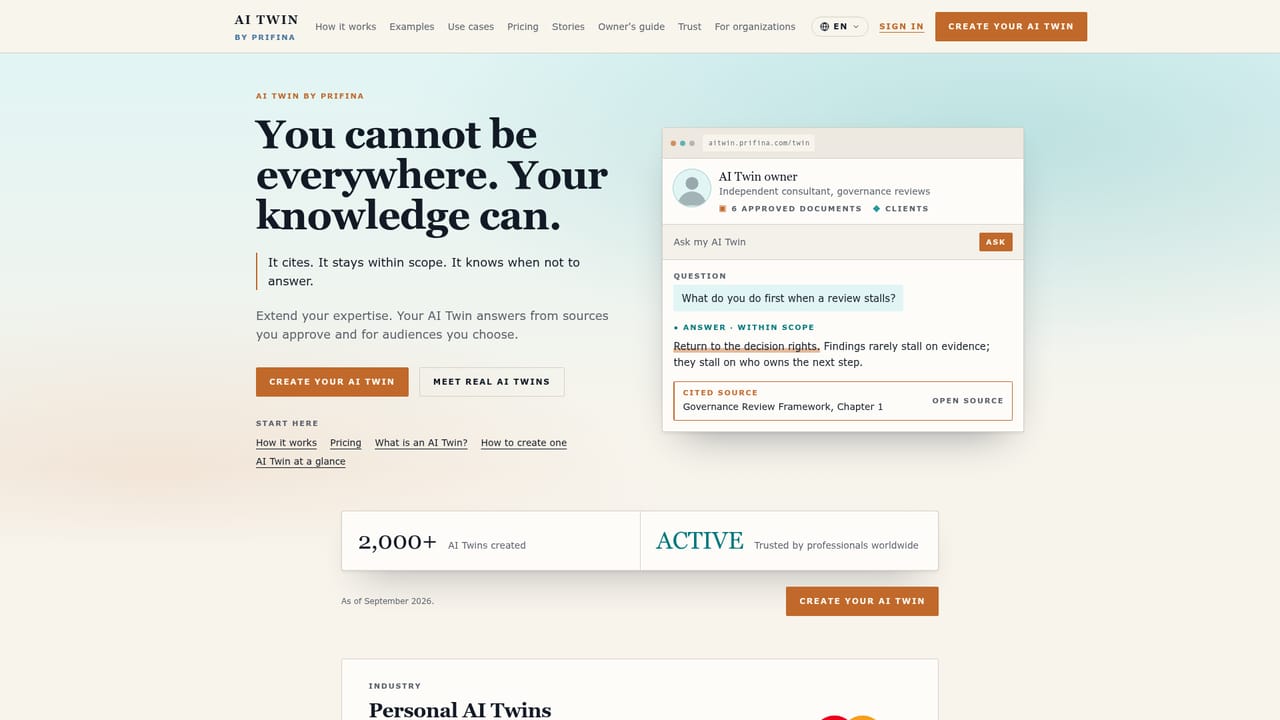 Prifina — Create an AI Twin to answer from approved sources