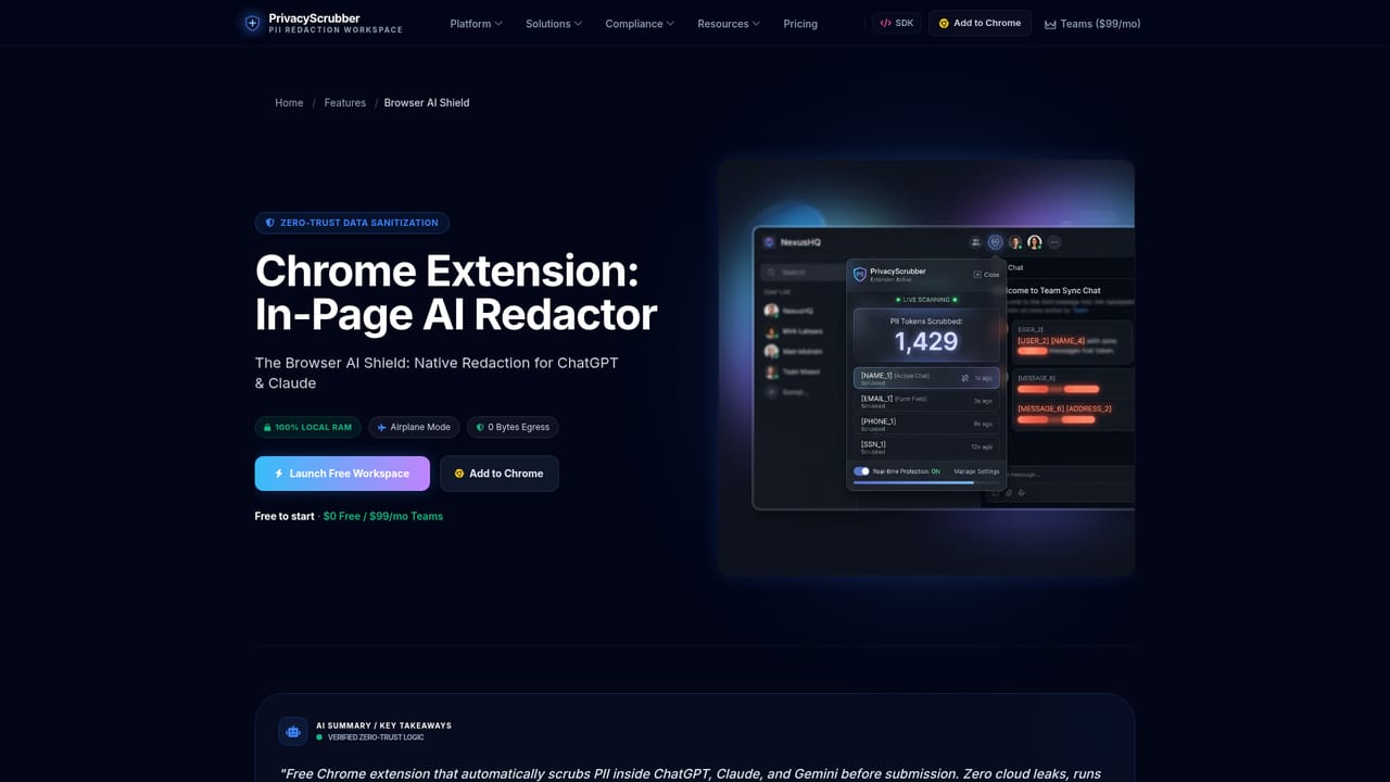 Privacy Scrubber — Add the Chrome extension for in-chat redaction