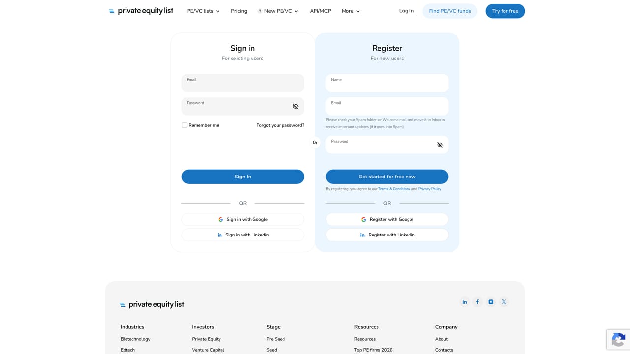 Private Equity List — Create a free account