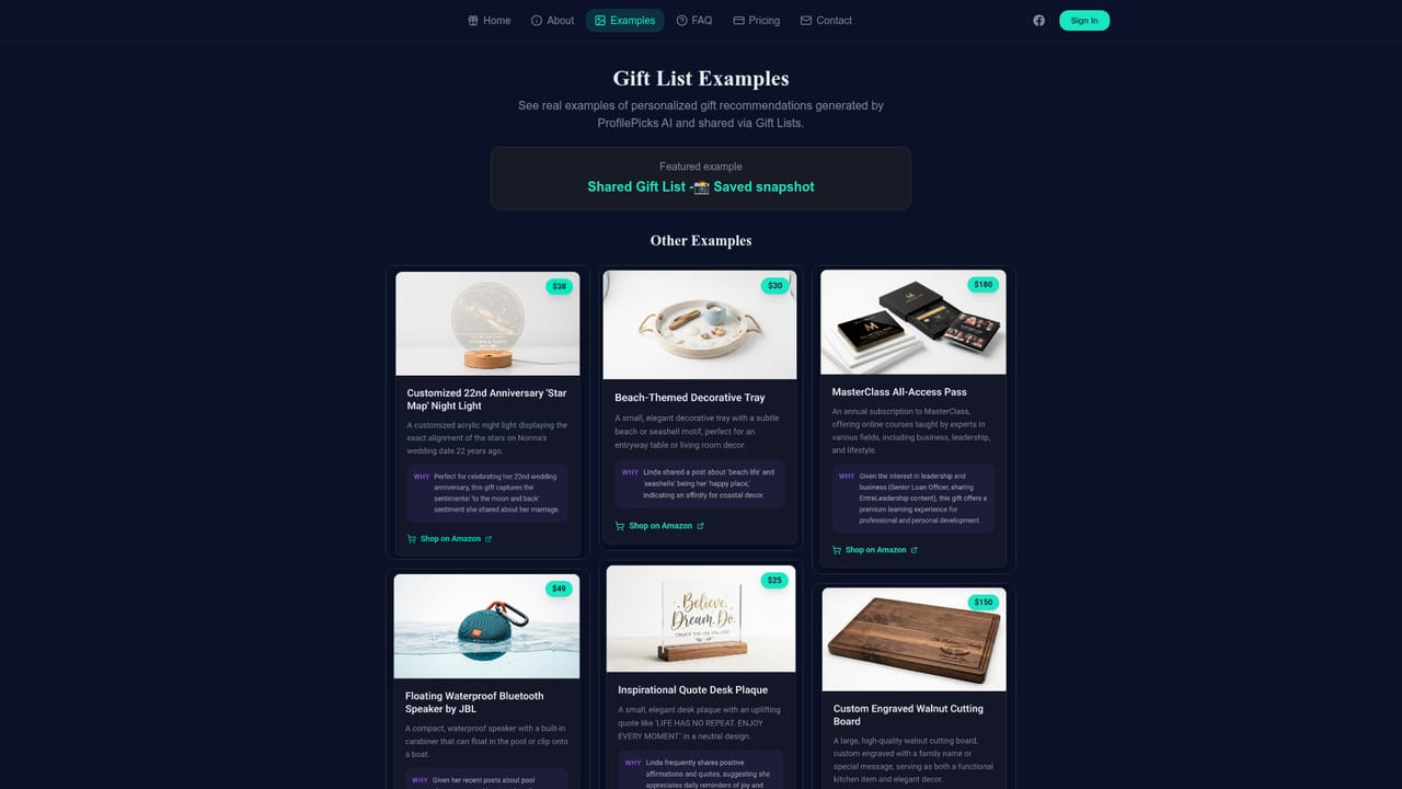ProfilePicks AI — Check the sample gift lists