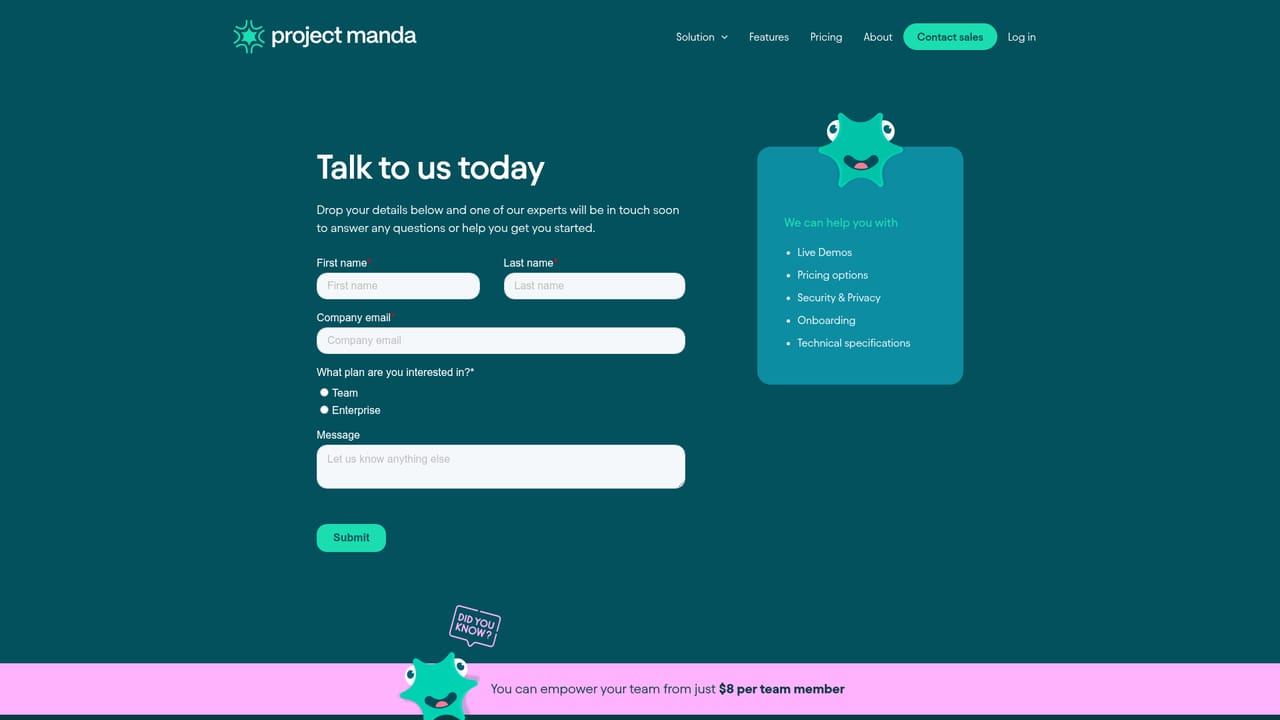 Project Manda — Book a demo through sales