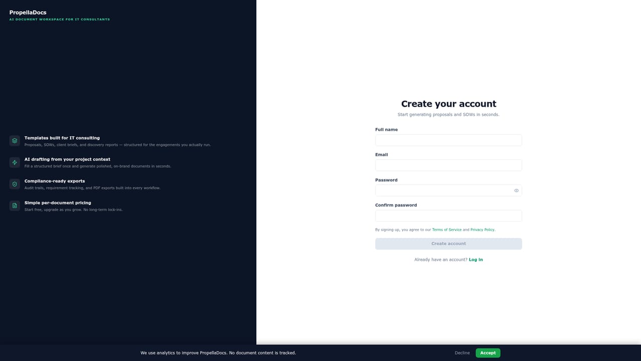 PropellaDocs — Create a free account