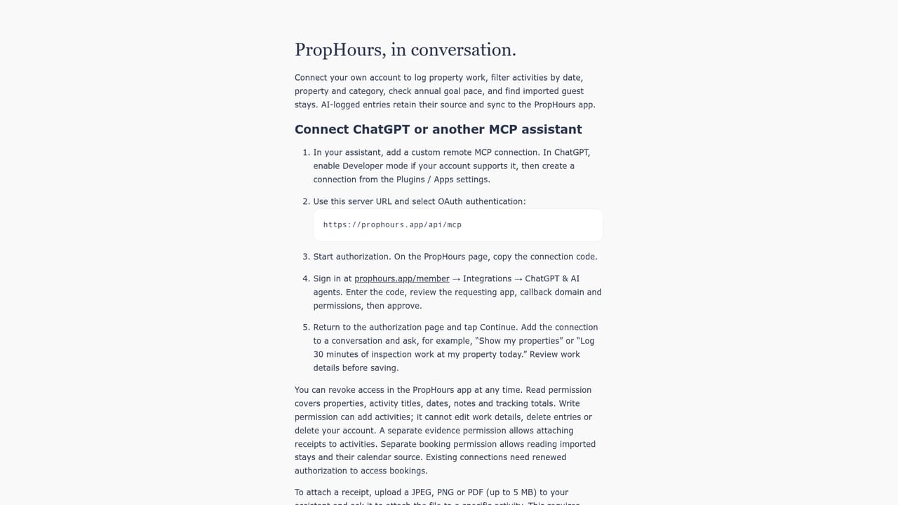PropHours — Connect a calendar or AI assistant