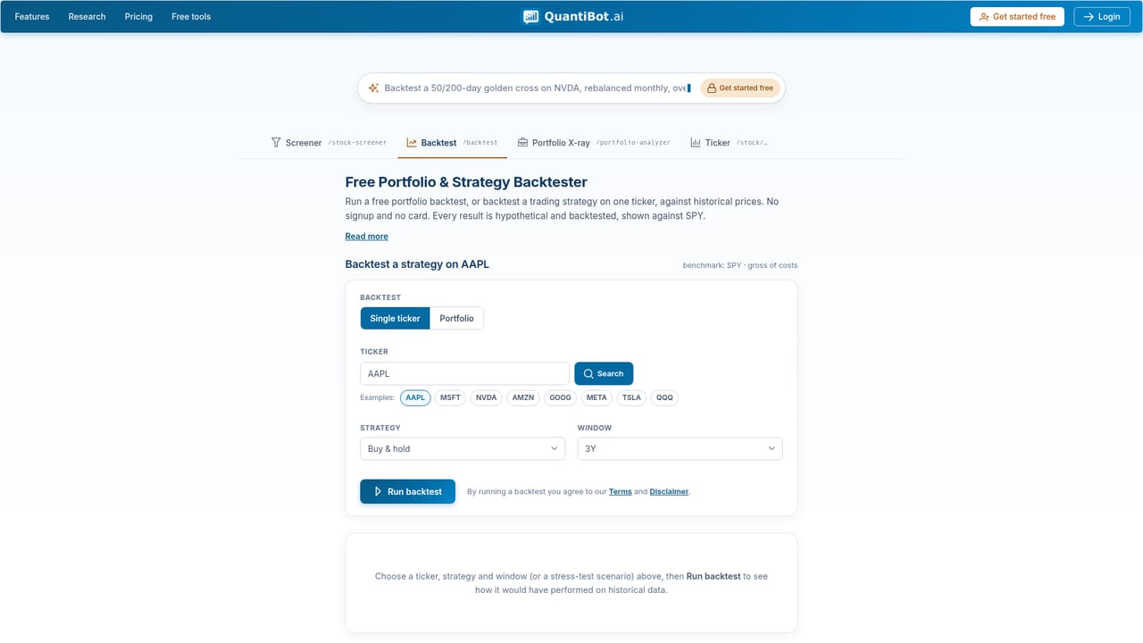 QuantiBot.ai — Run a sample backtest