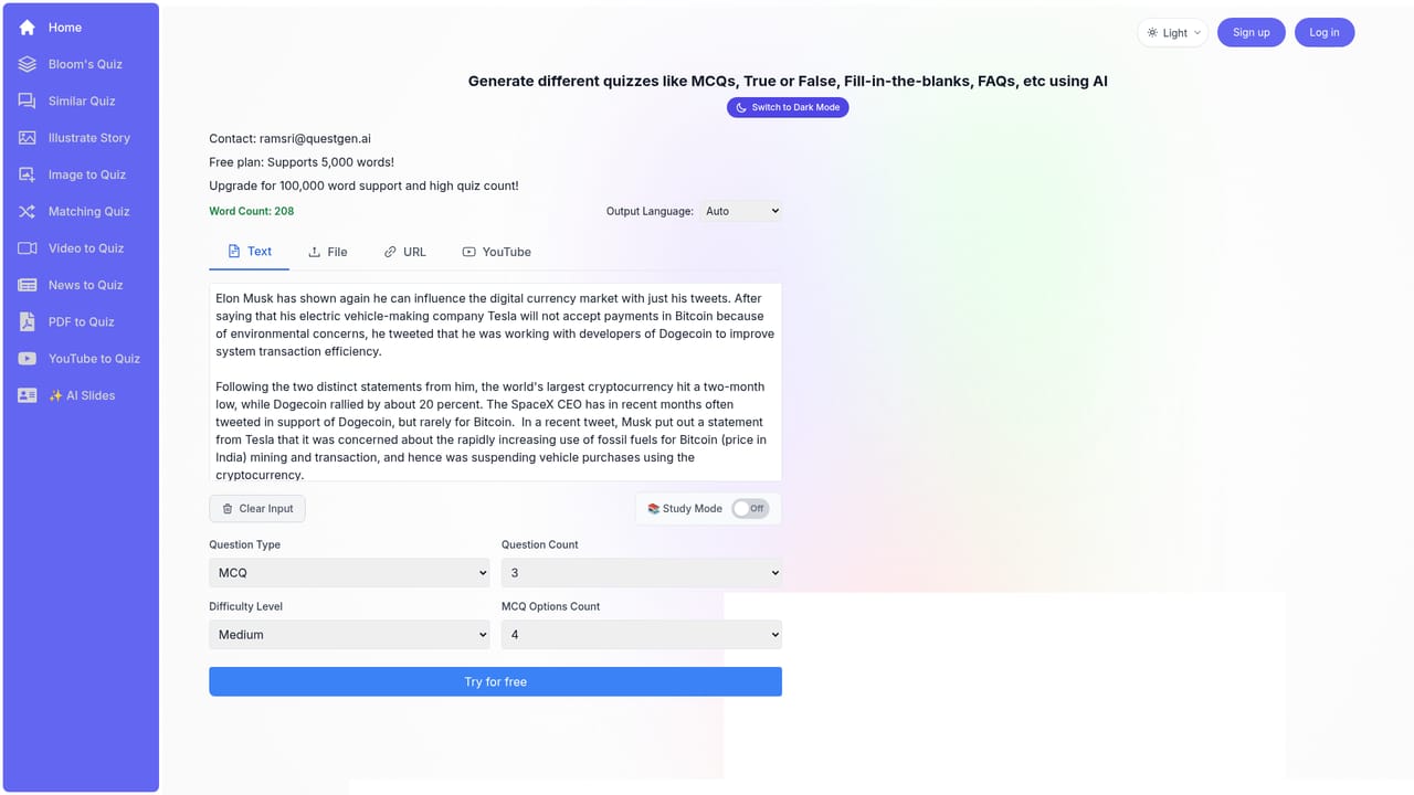 Questgen — Open the dashboard and start a quiz