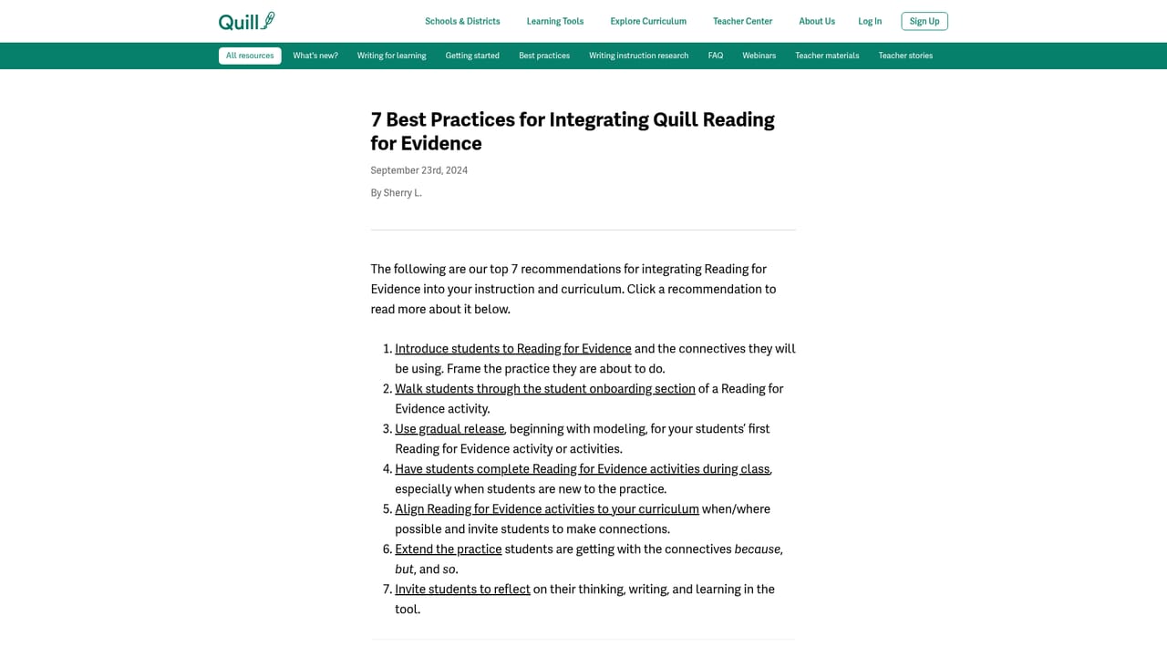 Quill Reading for Evidence — Review the teacher handbook