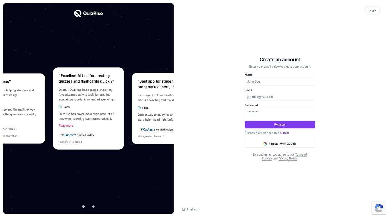 QuizRise — Create an account