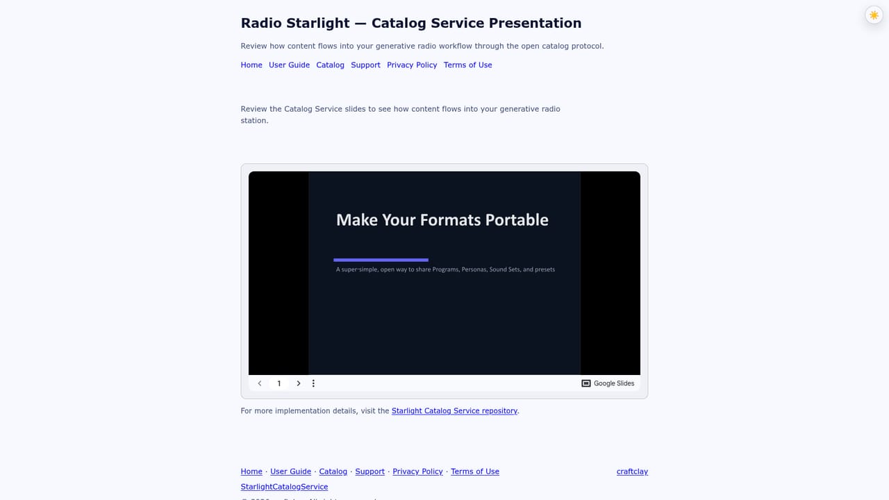 Radio Starlight — Publish an open catalog if needed